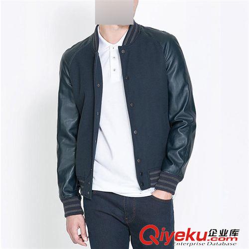 9月份秋裝{dy}期新品 外貿(mào)尾單 男士立領(lǐng)梭織pu拼接棒球服 皮袖子男士韓版外套批發(fā)零售原始圖片2