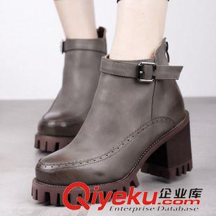 韓版原單 歐洲站2015秋冬新款純色粗跟厚底短靴女皮帶扣拉鏈高跟馬丁靴原始圖片2