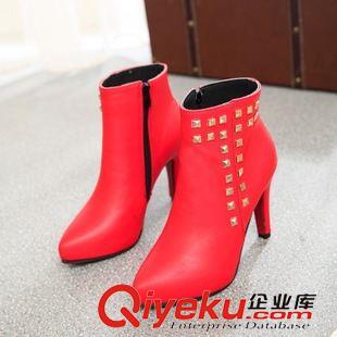 尖頭跟鞋 女鞋批發(fā)2015秋冬季歐美尖頭短靴細(xì)跟高跟皮靴女dp時(shí)尚靴