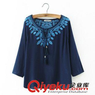 9.23新款 15秋裝新款 歐美風寬松款人棉雙皺刺繡系帶七分袖襯衫 襯衣女原始圖片3