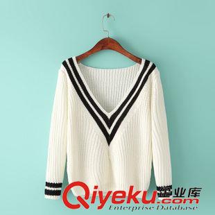 9.6新款 15秋裝新款 修身款歐美風深V領黑白拼色套頭毛衣 女原始圖片2