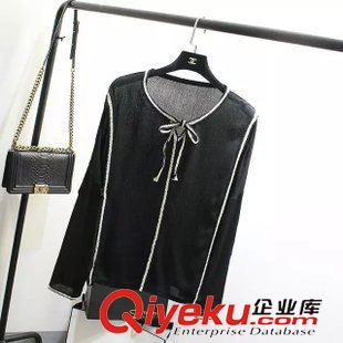 9.2新款 2015 秋裝新款  韓版修身款長(zhǎng)袖系繩雪紡襯衫  襯衣女原始圖片3