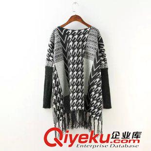 8.26新款 15秋裝新款 歐美風格紋印花寬松款流蘇斗篷蝙蝠針織衫 外套女原始圖片2