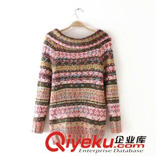 8.19新款 15秋款 歐美民族風(fēng)劉雯周迅同款花色條紋針織開(kāi)衫毛衣外套女原始圖片2
