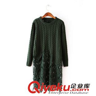 8.18新款 15秋裝新款 韓版下擺蕾絲拼接麻花加厚毛衣中長款假兩件連衣裙 女原始圖片3