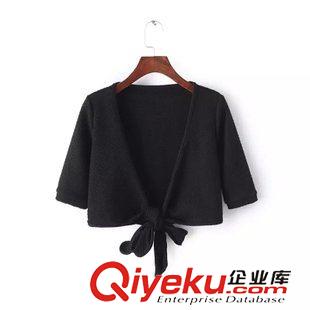 8.14新款 2015秋裝新款 歐美風F深V交叉綁帶短袖T披肩外套 女原始圖片2