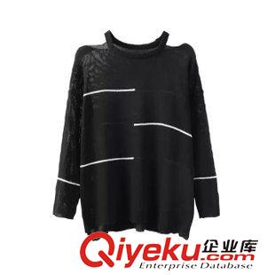 8.14新款 15秋裝新款 韓版一字領露肩掛脖橫條紋針織衫 女原始圖片2