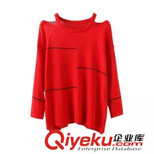 8.14新款 15秋裝新款 韓版一字領露肩掛脖橫條紋針織衫 女原始圖片3