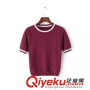 8.14新款 15秋裝新款 歐美風(fēng)B撞色拼接白色領(lǐng)高腰短款修身短袖針織毛衣女