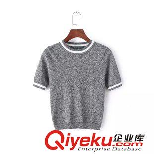 8.14新款 15秋裝新款 歐美風(fēng)B撞色拼接白色領(lǐng)高腰短款修身短袖針織毛衣女原始圖片2