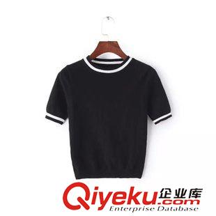 8.14新款 15秋裝新款 歐美風(fēng)B撞色拼接白色領(lǐng)高腰短款修身短袖針織毛衣女原始圖片3