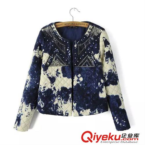 8.13新款 15秋裝新款 歐美風(fēng)修身款水墨印花手工繡花盤花棉衣  外套女原始圖片3