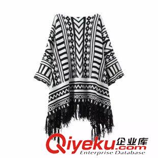 8.7新款 15秋裝新款 韓版菱形格紋印花流蘇不規則邊針織開衫 外套女原始圖片2