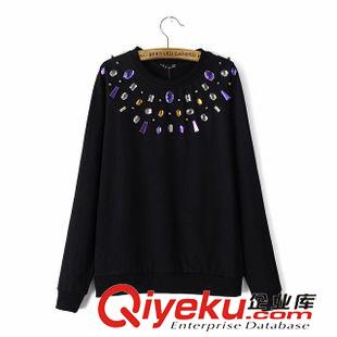 8.6新款 15秋裝新款 歐美風寬松款領口寶石釘鉆長袖衛衣 女原始圖片2