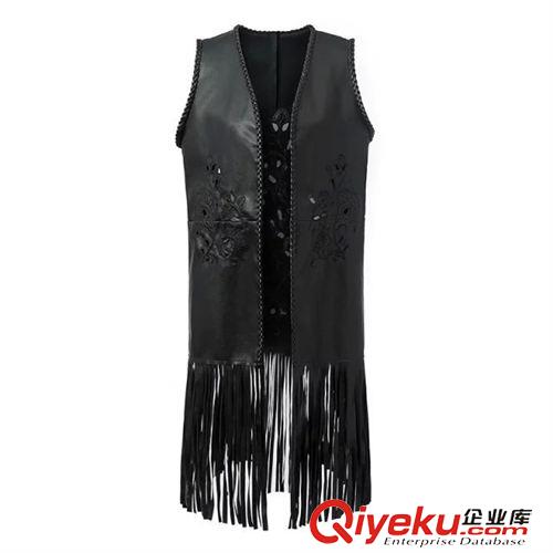 8.6新款 15秋裝新款 歐美風刺繡花朵編織長款流蘇皮馬甲 外套女原始圖片3