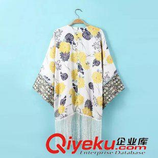 2015年4月10日上新 2015夏裝新款 歐美風(fēng)定位印花白色流蘇和服 披肩外套女原始圖片2