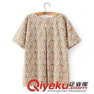2015年4月9日上新 2015夏裝新款 歐美風(fēng)棉麻圓領(lǐng)雙口袋腰果印花短袖襯衫 襯衣女原始圖片3