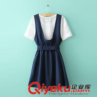 2015年4月3日上新 2015夏裝新款 韓版學(xué)院風(fēng)T恤格子上衣+背帶連衣裙套裝 女原始圖片2