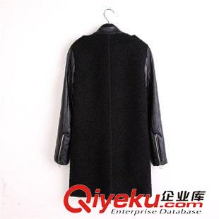 大衣 風(fēng)衣 秋冬新款外貿(mào)歐美衍縫皮袖拼接羊毛呢子外套女大衣現(xiàn)貨批發(fā)原始圖片2