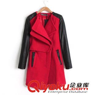 大衣 風(fēng)衣 2013秋冬新款韓版女裝呢子PU皮拼接中長(zhǎng)款風(fēng)衣 毛呢大衣 外套 女