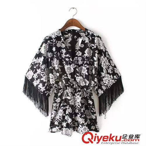 連體褲 15夏裝新款 歐美風寬松款V領流蘇和服連體褲 休閑褲女原始圖片3