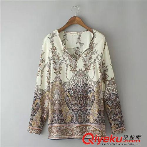 7.12新款 15秋裝新款 歐美寬松款V領(lǐng)印花長袖人棉襯衫 襯衣女原始圖片3