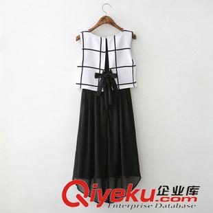 7.7新款 15夏裝新款  韓版格子拼接假兩件無袖雪紡連衣裙原始圖片2