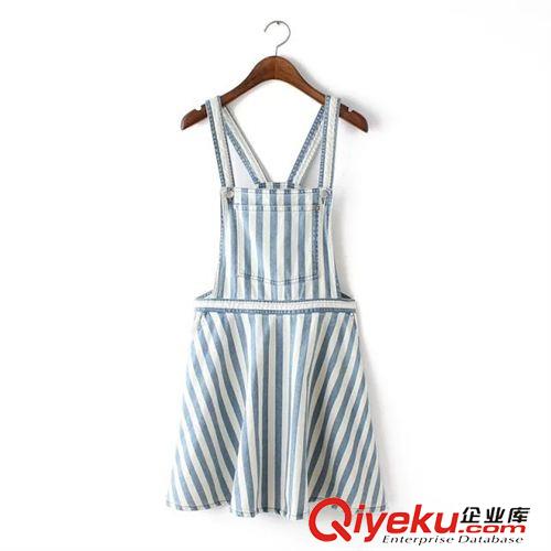 7.7新款 15秋裝新款 歐美風藍白條紋大口袋牛仔背帶裙 高腰A字裙女