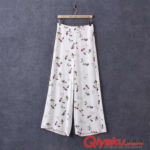 7.3新款 15夏裝新款  歐美田園風(fēng)碎花人棉印花闊腿褲 休閑長(zhǎng)褲女原始圖片3