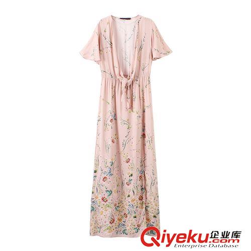 7.2新款 15夏裝新款 歐美海報(bào)款系帶花開叉定位印花連衣裙原始圖片3