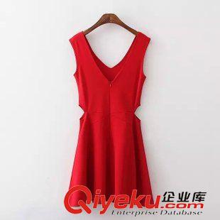7.2新款 15夏裝新款 歐美風(fēng)A新款V領(lǐng)收腰側(cè)漏連衣裙 高腰傘裙女原始圖片2