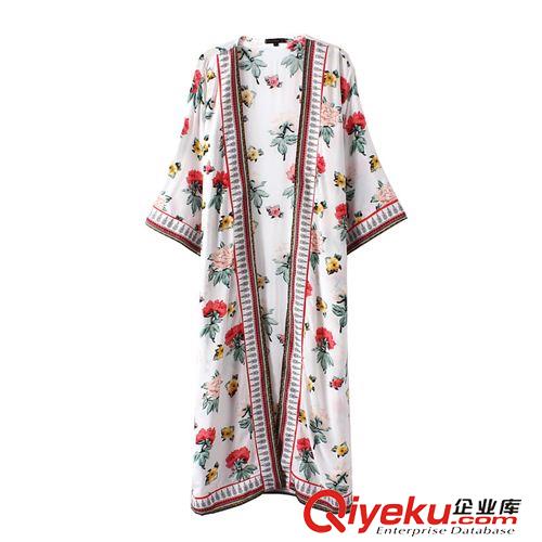 7.1新款 15夏裝新款 歐美風(fēng)印花人棉長款開衫和服 開衫外套女原始圖片3