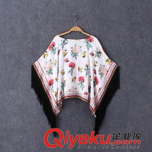 7.1新款 15夏裝新款 歐美風印花人棉流蘇和服罩衫 開衫外套女原始圖片2
