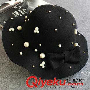 gf羊毛呢禮帽 歐美個性釘珠珍珠大檐毛呢禮帽戶外遮陽帽子女秋冬休閑爵士帽仿
