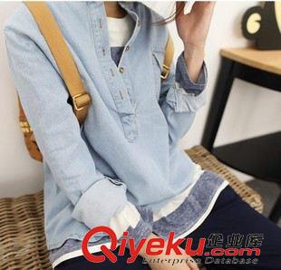 9.14新品 韓國秋裝新款學院風立領紐扣口袋純色牛仔襯衫休閑上衣女原始圖片2