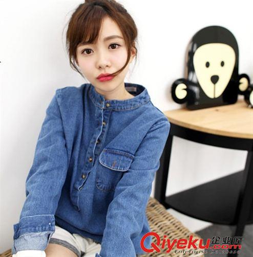 9.14新品 韓國秋裝新款學院風立領紐扣口袋純色牛仔襯衫休閑上衣女原始圖片3