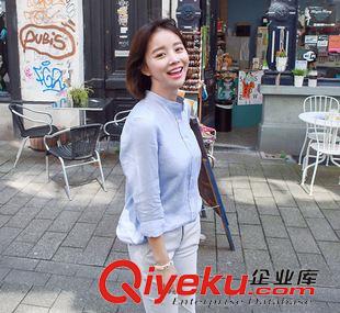 8.25 2015秋季韓版休閑立領(lǐng)襯衫女顯瘦襯衣長袖純色棉麻襯衫原始圖片2