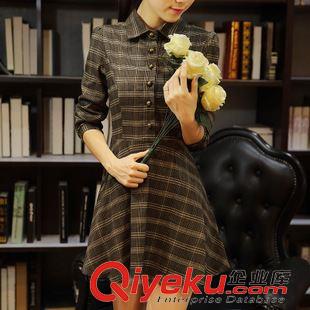 9月8號 2015秋裝韓版女裝新款長袖復(fù)古文藝范百褶格子連衣裙原始圖片2