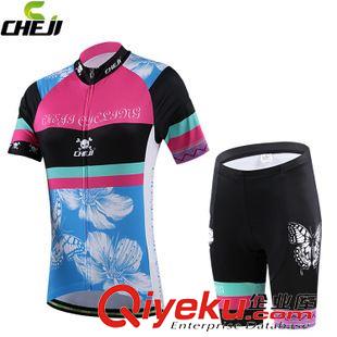 騎行短套裝 CHEJI蝶舞藍(lán)黃女夏季騎行服短袖套裝 戶外自行車騎行運(yùn)動裝備原始圖片2