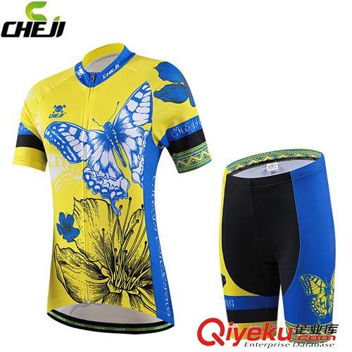 騎行短套裝 CHEJI蝶舞藍(lán)黃女夏季騎行服短袖套裝 戶外自行車騎行運(yùn)動裝備原始圖片3
