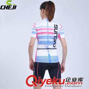 騎行短套裝 CHEJI新款條紋粉藍騎行服短袖套裝女 夏季吸濕排汗騎行服精品熱賣原始圖片3