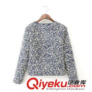 棉衣 棉服 新款女裝歐美風(fēng)復(fù)古青花瓷繡花長(zhǎng)袖圓領(lǐng)女式小棉衣繡花小夾克棉衣