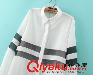 女式襯衫 現(xiàn)貨2015夏季新款女裝韓版條紋歐根紗拼接中長款長袖襯衫襯衣女原始圖片3