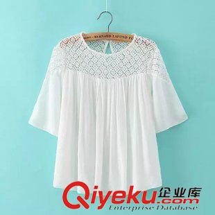女式襯衫 低價批發(fā) 2015夏季新款 蕾絲雪紡衫短袖鏤空上衣 短袖雪紡襯衣原始圖片2