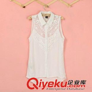 女式襯衫 現(xiàn)貨2015新款韓版專柜款性感蕾絲鉤花鏤空ts雪紡無袖襯衫雪紡衫原始圖片3