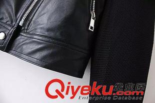 9月8號 周二上新 KX歐洲站2015秋季新款歐美風網紗袖拼接皮衣女式修身外套皮夾克原始圖片3