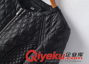 皮衣 2014年{zx1}歐美絎棉格子圓領皮夾克 時尚潮流PU皮雙口袋皮衣女原始圖片2