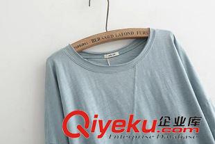 T恤/打底衫 21-3 韓范春秋冬新品蝙蝠袖長袖寬松拼接毛邊潮女裝純色竹節棉t恤原始圖片2