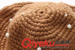 帽子 JN復古韓國秋季新款珍珠大檐漁夫帽百搭圓頂圈圈紗針織盆帽潮韓版原始圖片2