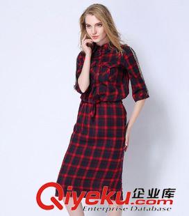 連衣裙 2015歐洲站女裝撞色復古格子中袖重工流蘇修身襯衫式連衣裙女潮原始圖片2